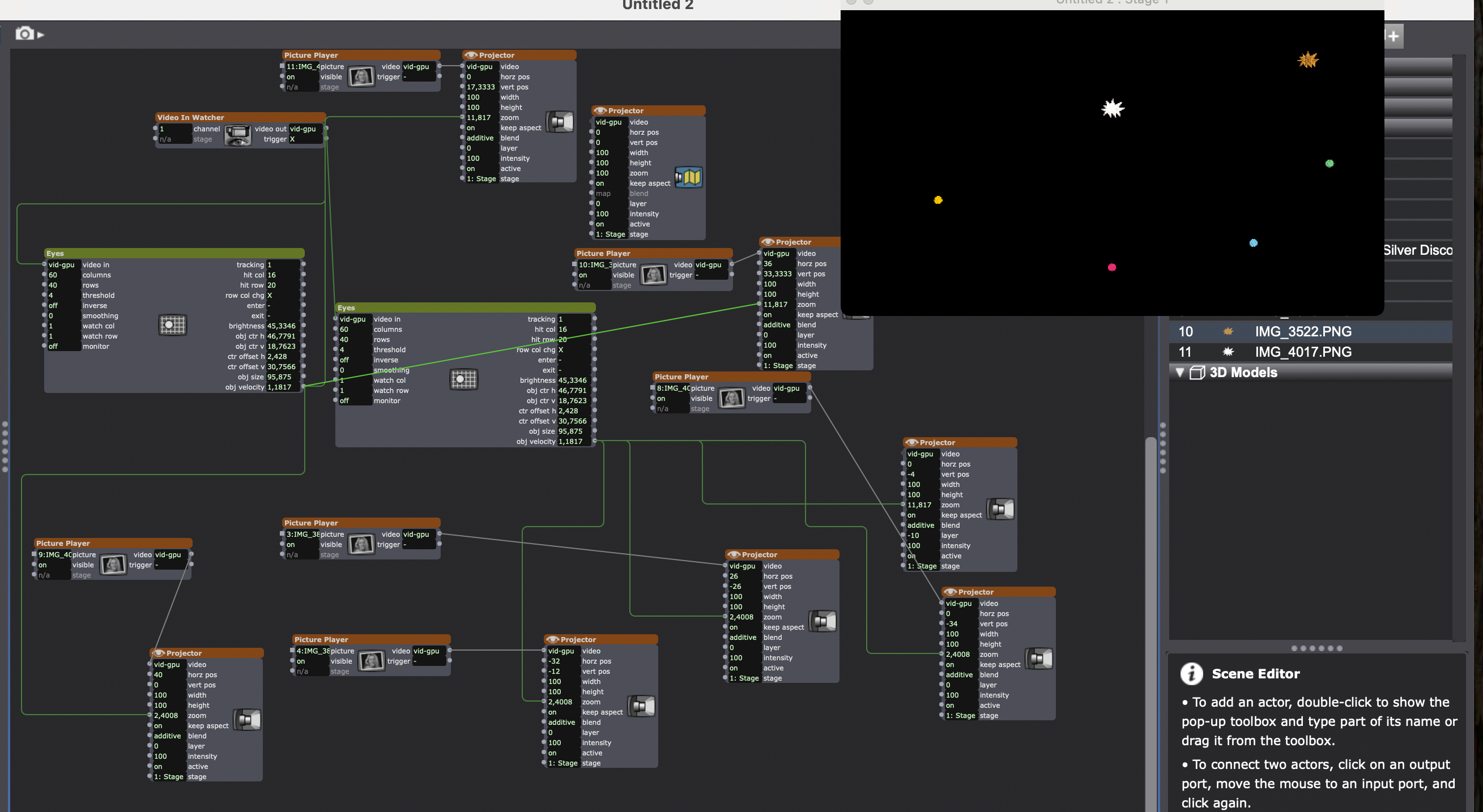 Capture du patch Isadora reliant les Picture Players aux Projectors